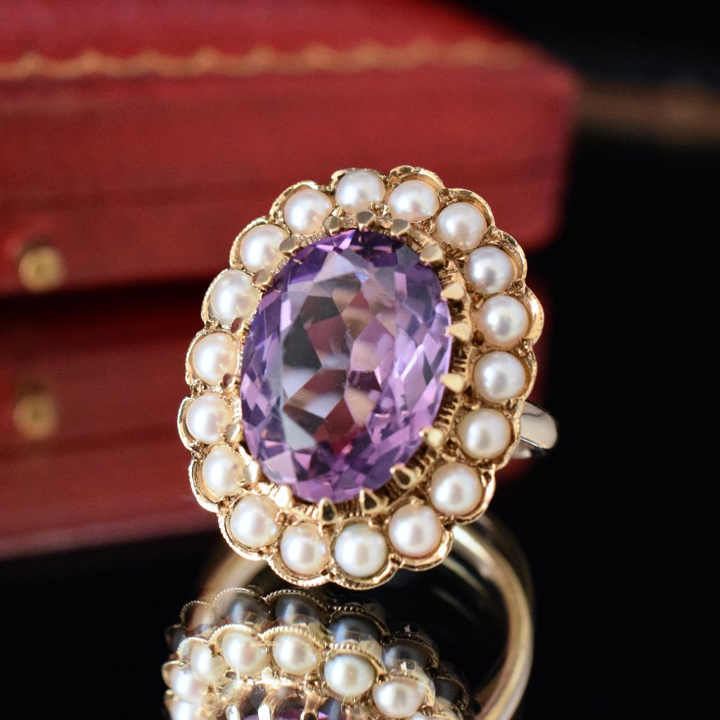 Antique Victorian 9ct Yellow Gold Amethyst Split Pearl Ring