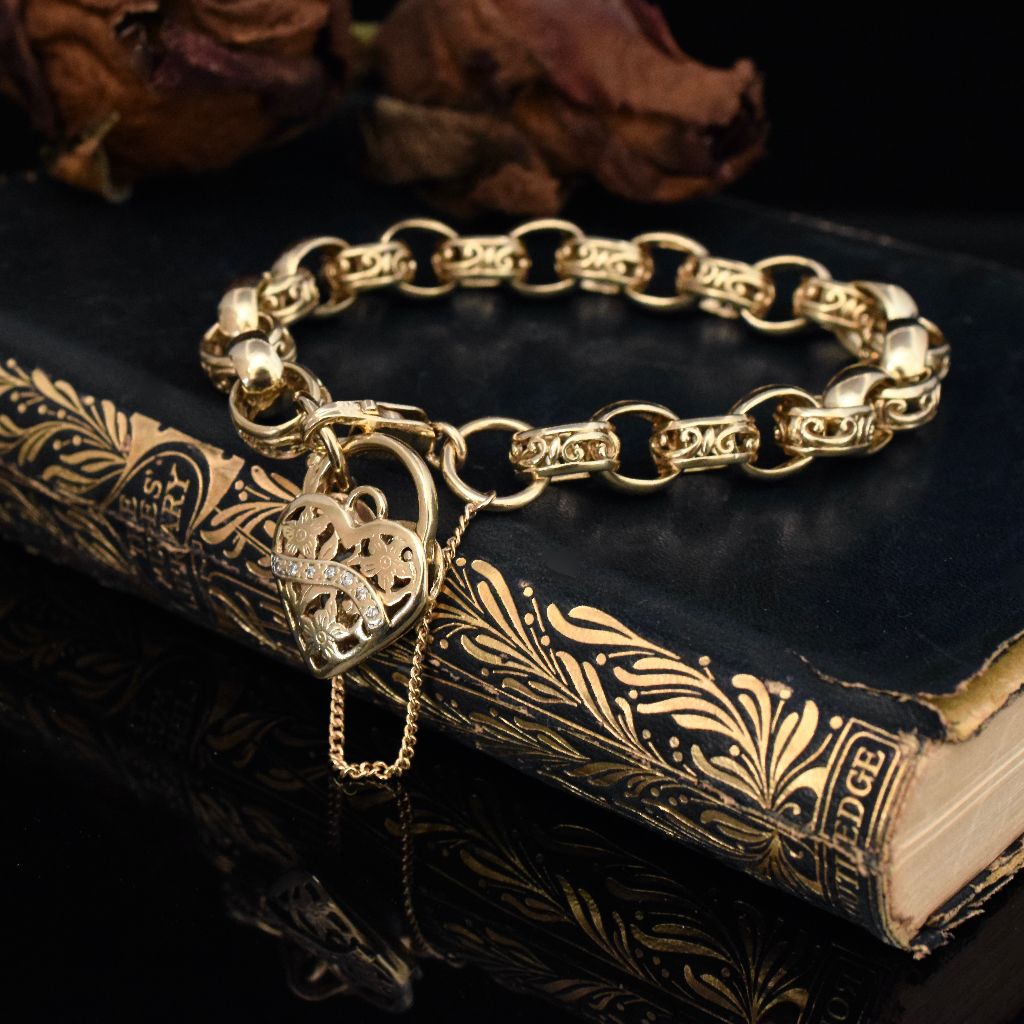 Modern 9ct Yellow Gold Fancy Belcher Link Bracelet With Diamond Padlock