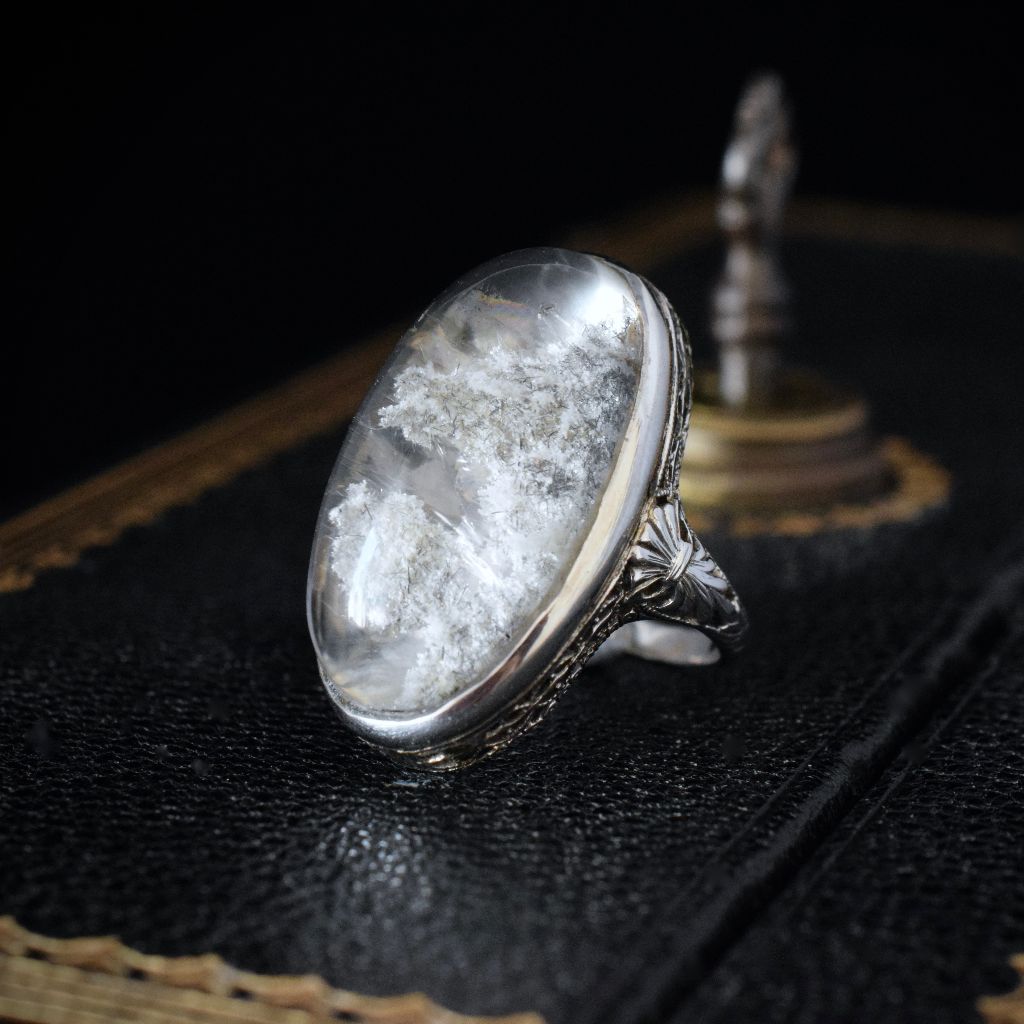 Modern Art Deco Style 14ct White Gold Sagentic Quartz Ring