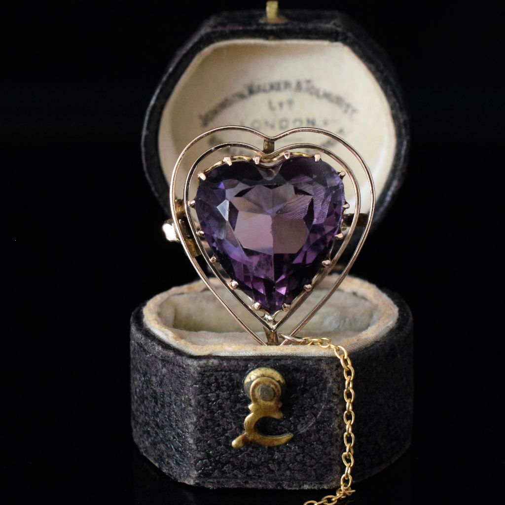 Antique 9ct Rose Gold Carved Natural Amethyst Heart Pendant Circa 1905