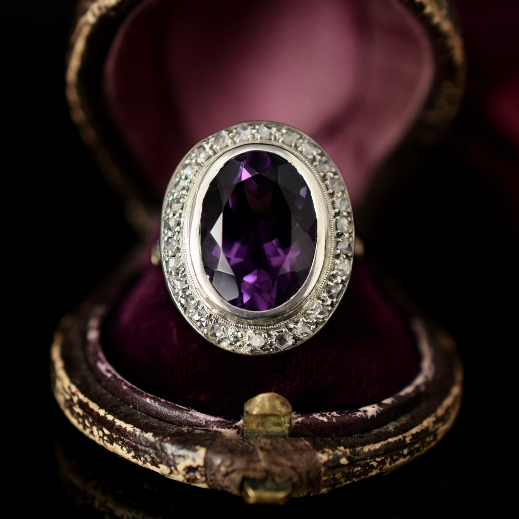 Vintage 18ct Yellow Gold Amethyst Rose Cut Diamond Halo Ring circa 1940 Independent Valuation Included In Purchase For $3,300 AUD