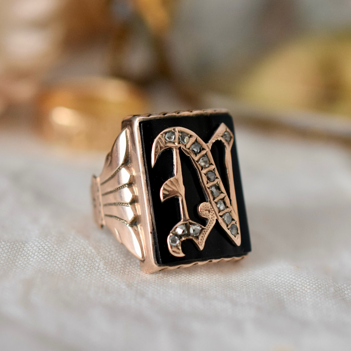 Antique Art Deco 9ct Rose Gold, Onyx And Diamond ’N’ Initial Ring Circa 1930