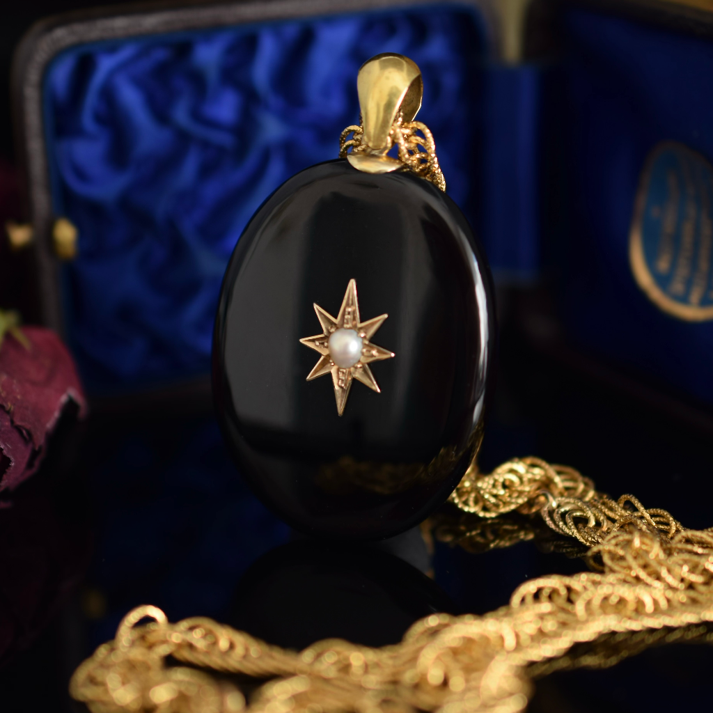 Antique Victorian 18ct Gold Onyx And Pearl Locket Pendant Circa 1880