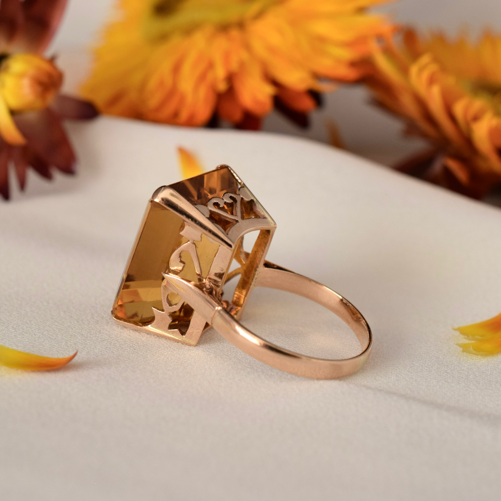 Vintage 9ct Rose Gold Rectangular Cut Citrine Ring Circa 1970