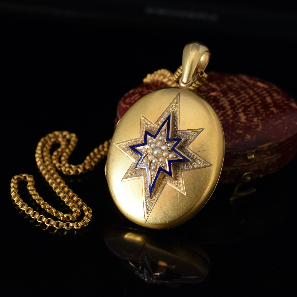Antique Victorian 18ct Yellow Gold Enamel And Pearl Starburst Locket Circa 1880