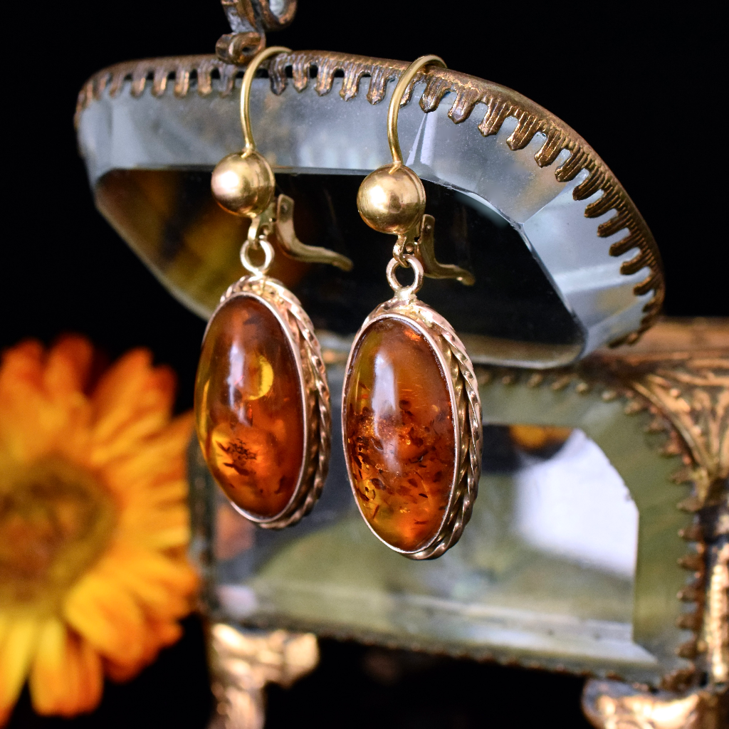 Vintage Italian 18ct Yellow Gold And Amber Earrings