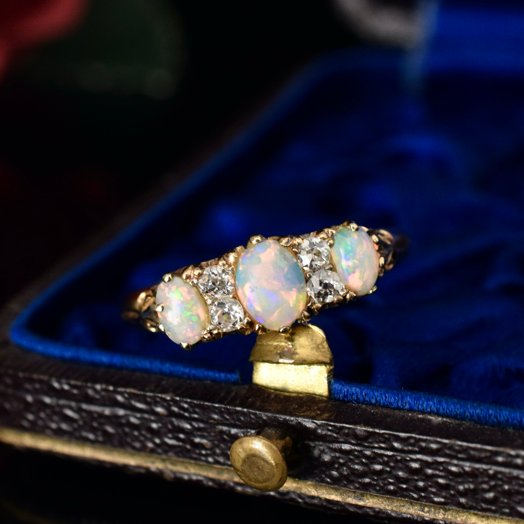 Antique 18ct Yellow Gold Solid Opal And Diamond Ring Circa 1900