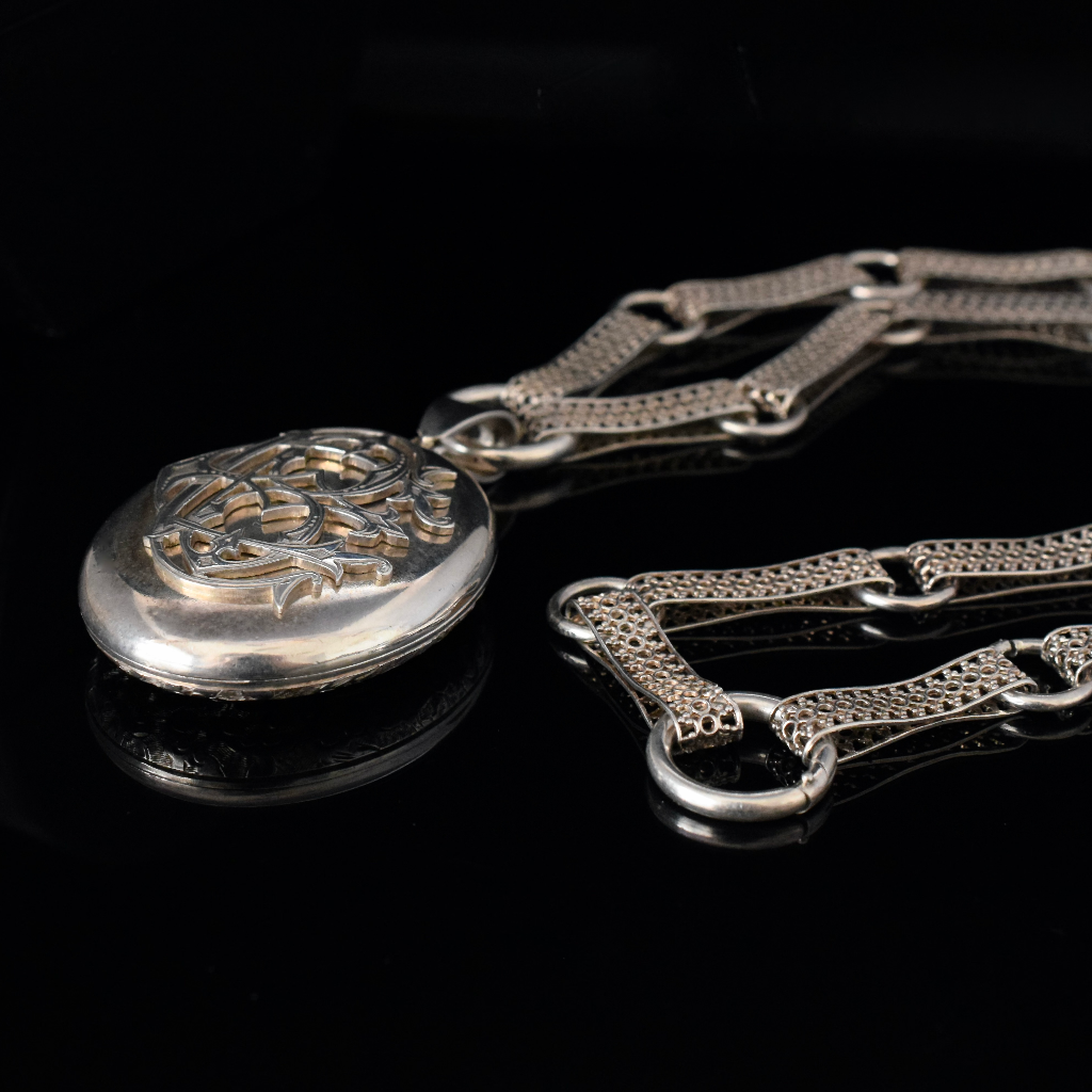 Antique Victorian Sterling Silver Locket Circa 1890 And Vintage Sterling Bookchain