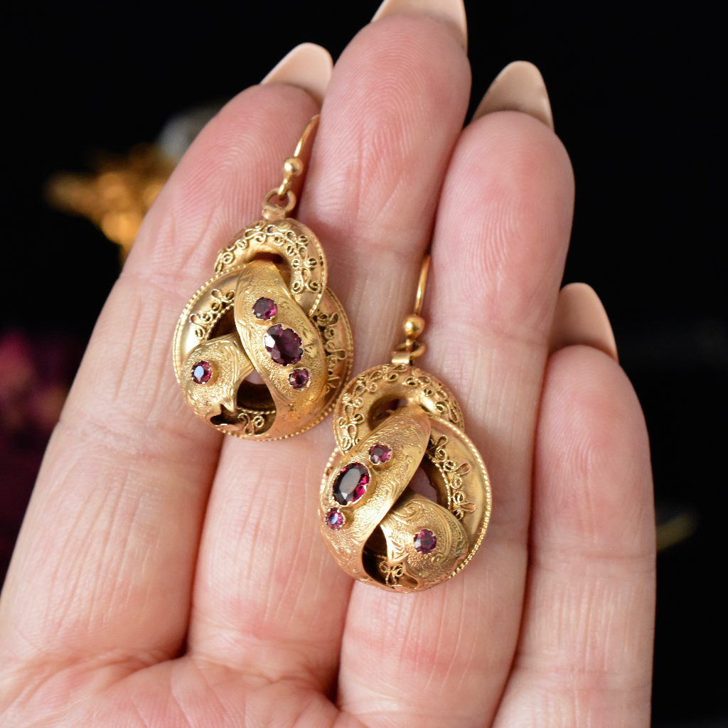 Antique Victorian 18ct Yellow Gold And Garnet Earrings Circa 1870