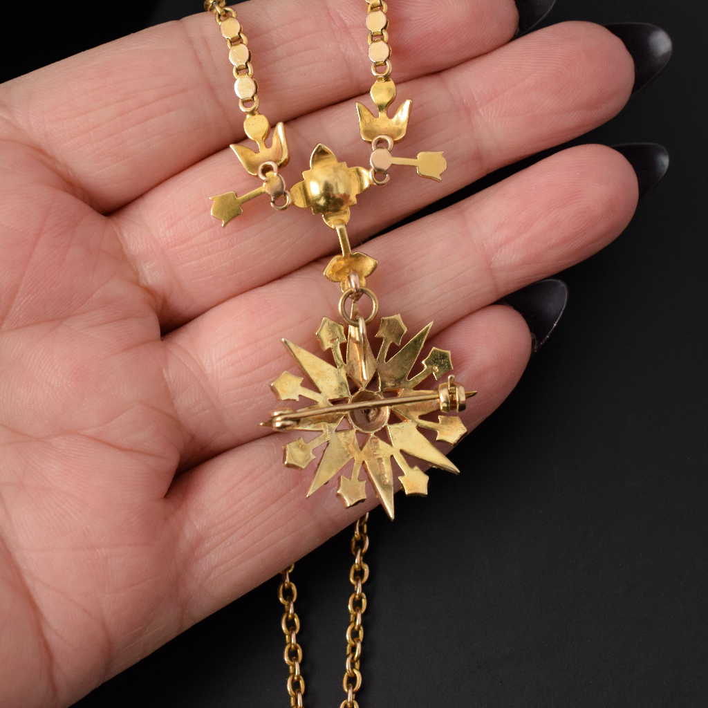 Superb Antique Edwardian 9ct Yellow Gold Pearl Celestial Starburst Necklace - London 1912