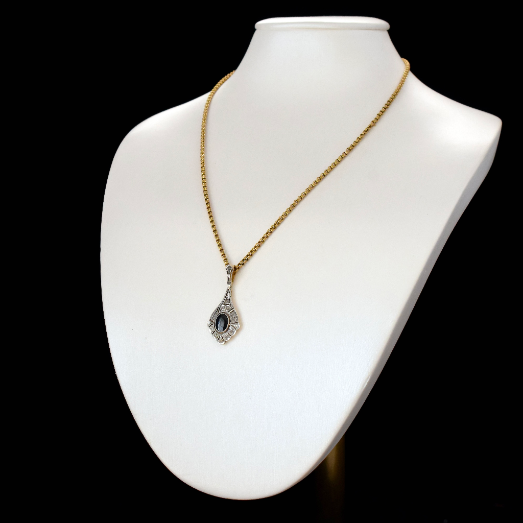 Antique Art Deco 18ct Yellow And White Gold Sapphire And Diamond Pendant Circa 1930