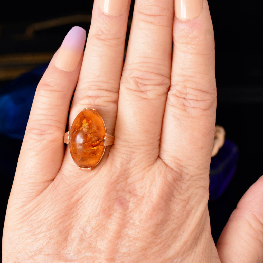 Vintage Soviet Russian 14ct Pink/Rose Gold Baltic Amber Ring Circa 1970