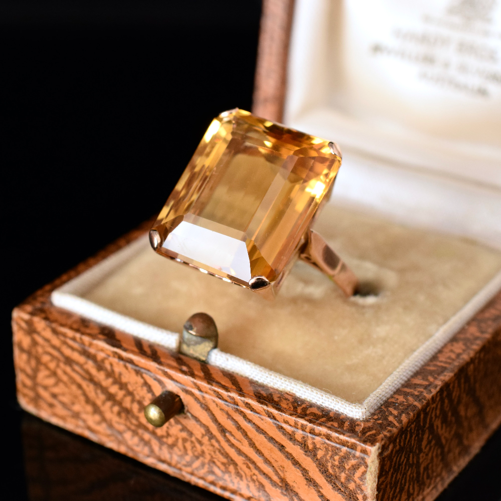 Vintage 9ct Rose Gold Rectangular Cut Citrine Ring Circa 1970