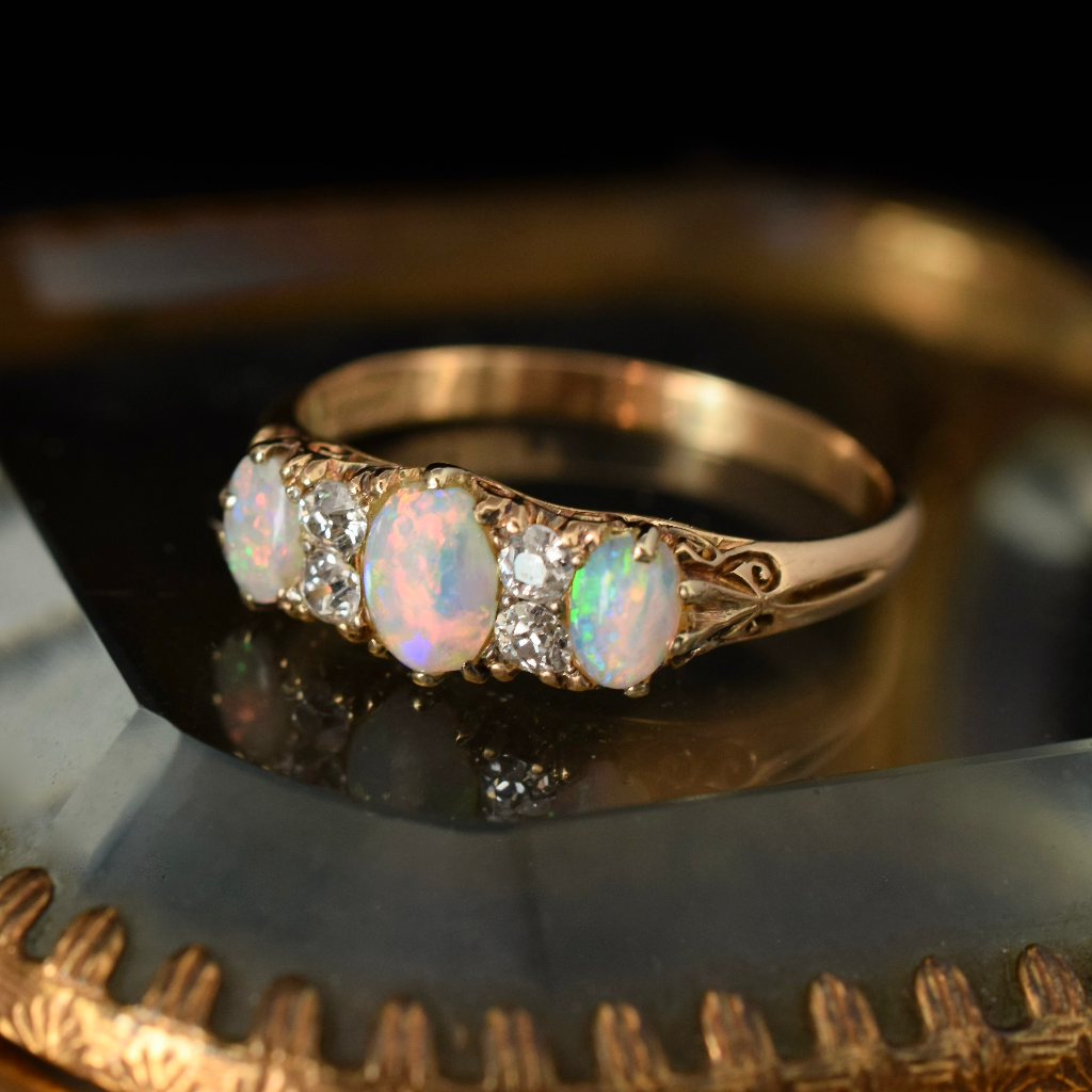 Antique 18ct Yellow Gold Solid Opal And Diamond Ring Circa 1900