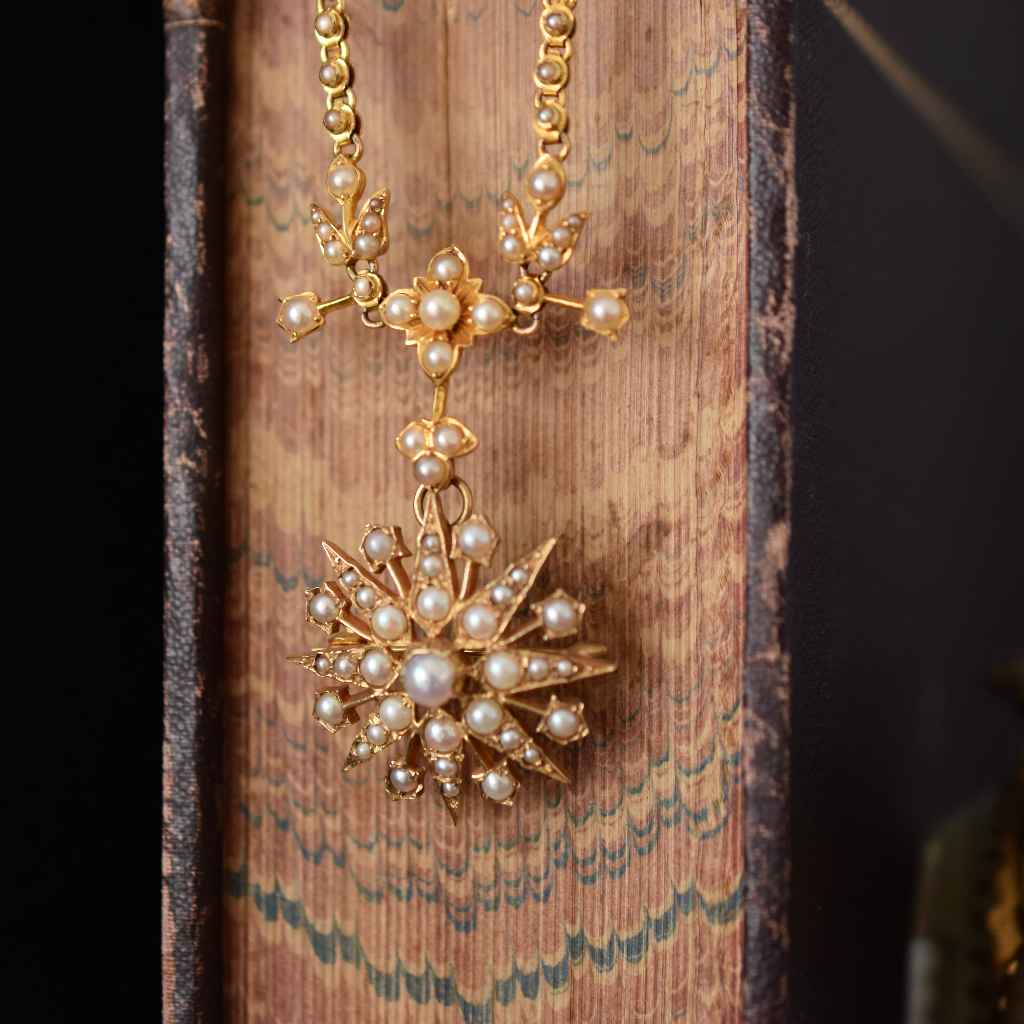 Superb Antique Edwardian 9ct Yellow Gold Pearl Celestial Starburst Necklace - London 1912