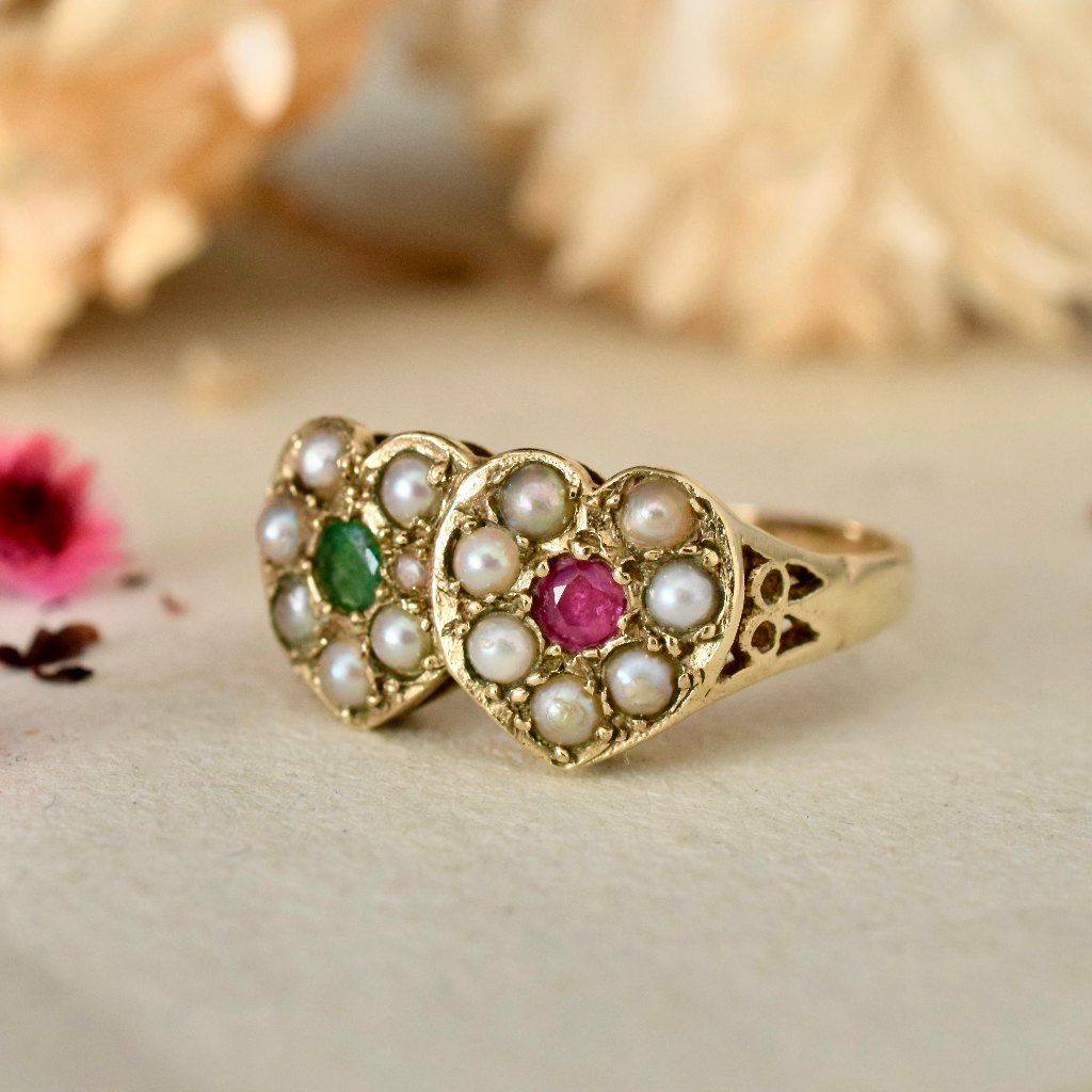 Vintage 9ct Yellow Gold Emerald, Ruby, Pearl Double Heart Ring London 1976