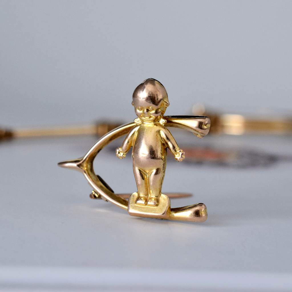 Antique Australian 9ct Rose Gold ‘Kewpie’ Wishbone Brooch By Willis and Sons Circa 1912