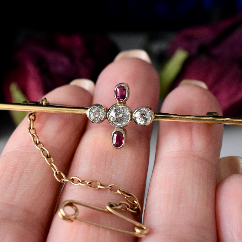 Antique Art Deco 18ct Yellow Gold Diamond And Ruby Bar Brooch Circa 1935 Independent Valuation Included In Purchase For $3175 AUD