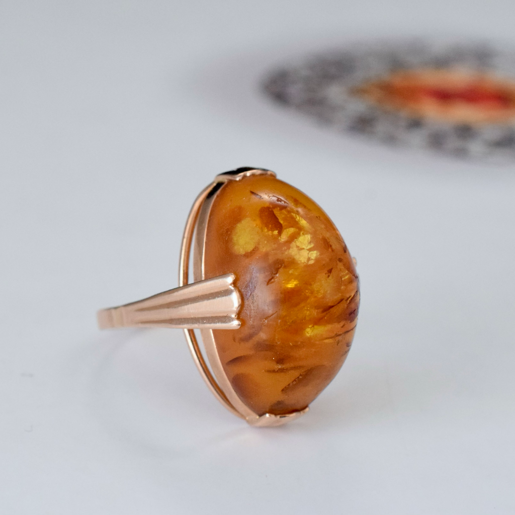 Vintage Soviet Russian 14ct Pink/Rose Gold Baltic Amber Ring Circa 1970