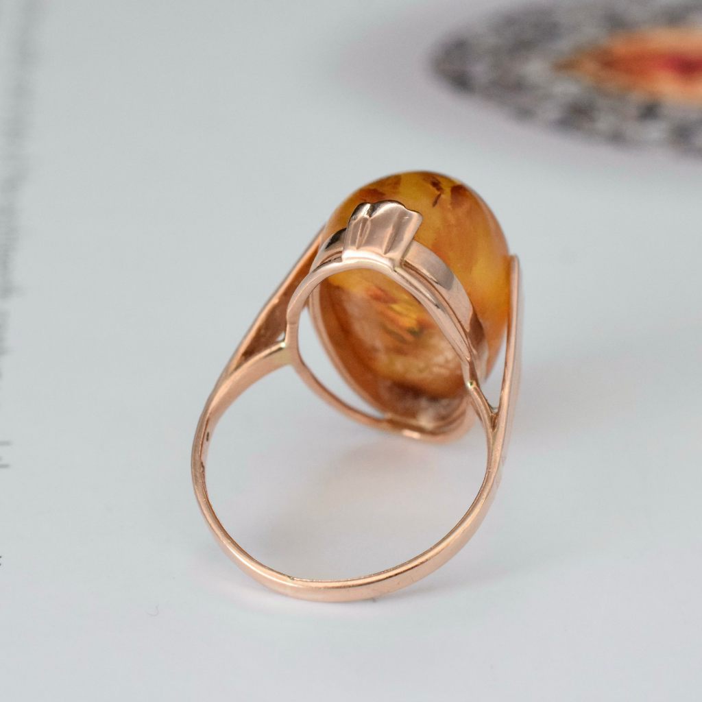 Vintage Soviet Russian 14ct Pink/Rose Gold Baltic Amber Ring Circa 1970