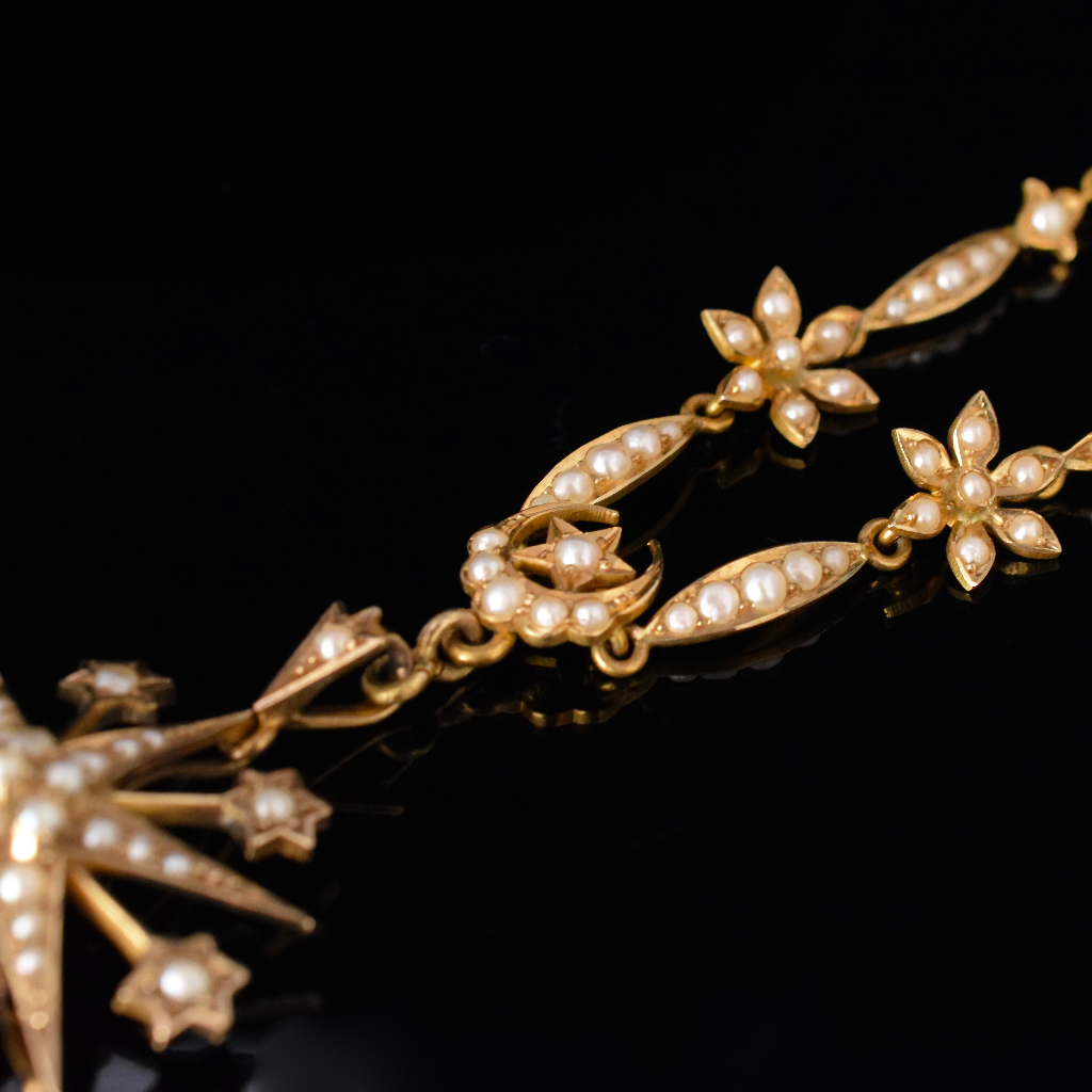 Superb Antique Australian 15ct Yellow Gold Celestial Starburst Pearl Necklace Circa 1905