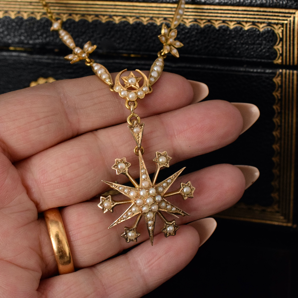 Superb Antique Australian 15ct Yellow Gold Celestial Starburst Pearl Necklace Circa 1905