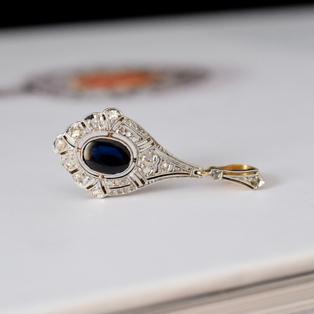 Antique Art Deco 18ct Yellow And White Gold Sapphire And Diamond Pendant Circa 1930