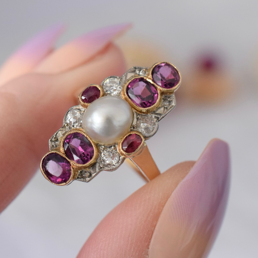 Antique 18ct Yellow Gold Belle Epoque Pearl, Diamond, Ruby, Amethyst Ring Circa 1900 Independent Valuation Included For $6500.00 AUD