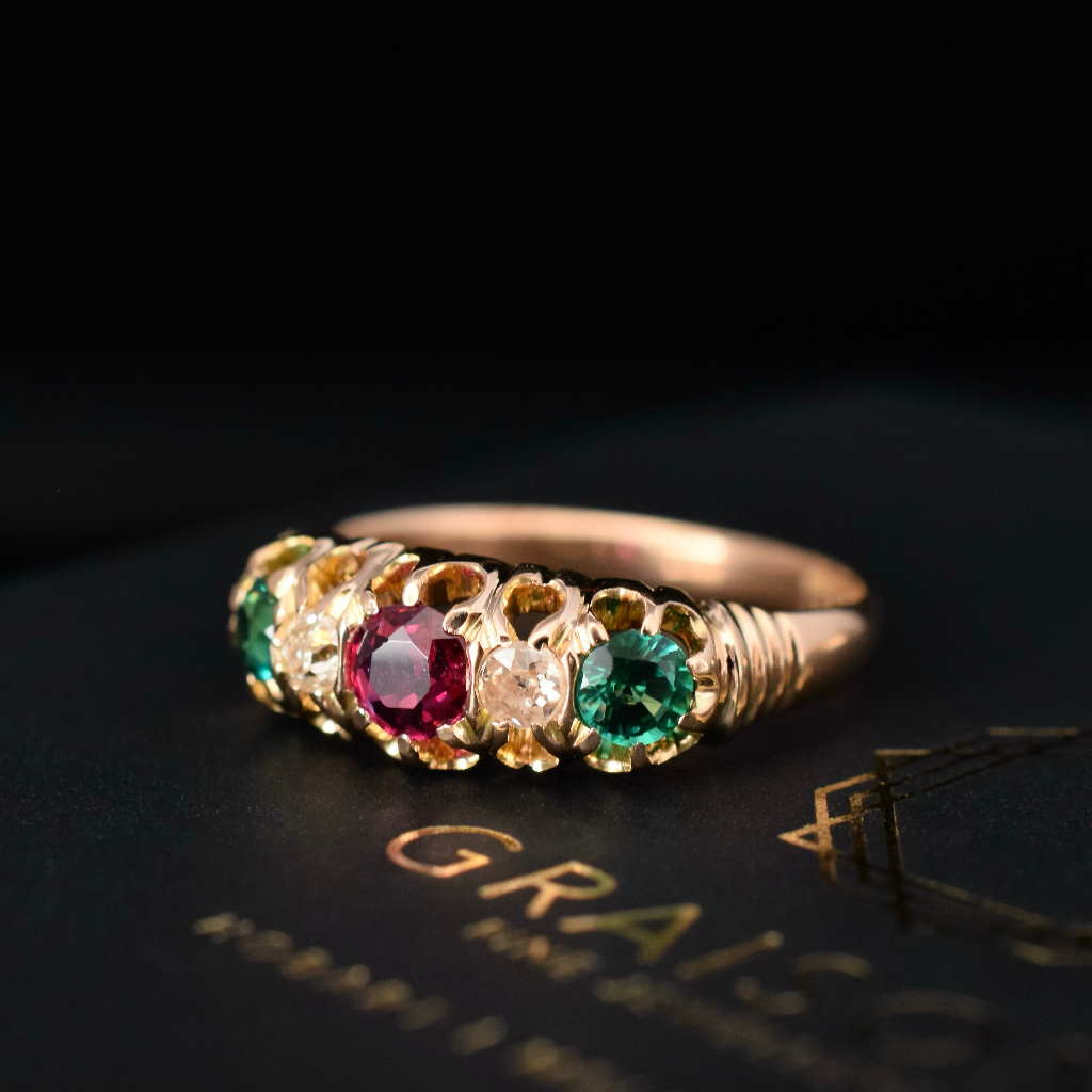 Antique 15ct Rose Gold Ruby, Diamond Emerald Ring Circa 1900