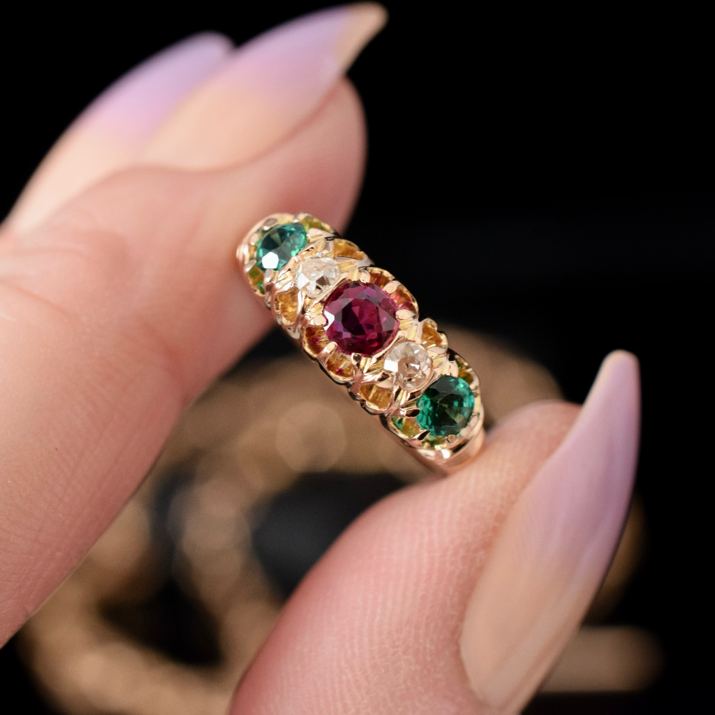 Antique 15ct Rose Gold Ruby, Diamond Emerald Ring Circa 1900