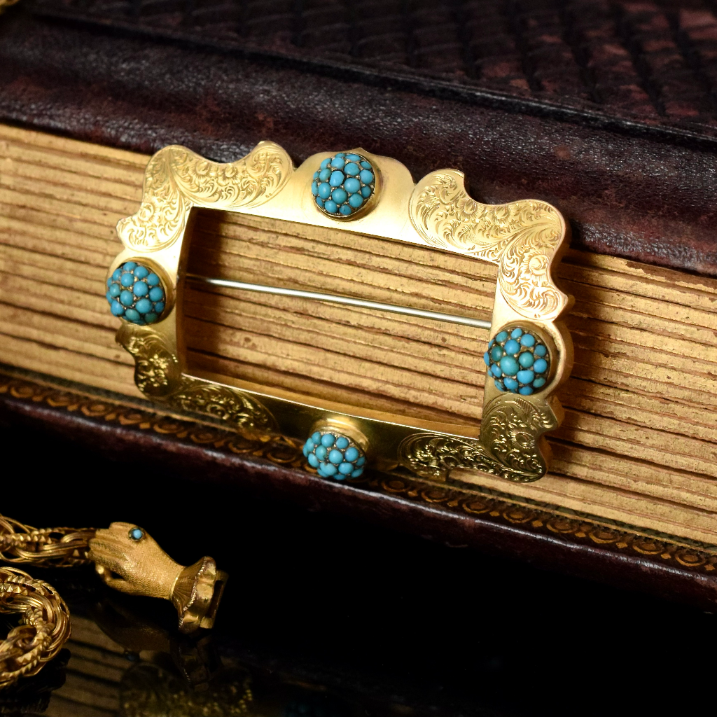Antique Australian Victorian 9ct Yellow Gold Persian Turquoise ‘Buckle Brooch’ Circa 1890