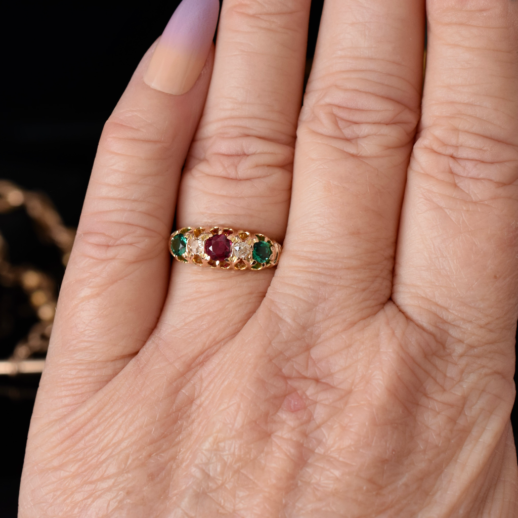 Antique 15ct Rose Gold Ruby, Diamond Emerald Ring Circa 1900