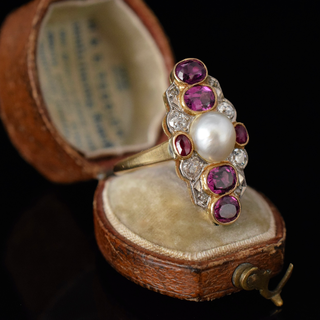 Antique 18ct Yellow Gold Belle Epoque Pearl, Diamond, Ruby, Amethyst Ring Circa 1900 Independent Valuation Included For $6500.00 AUD