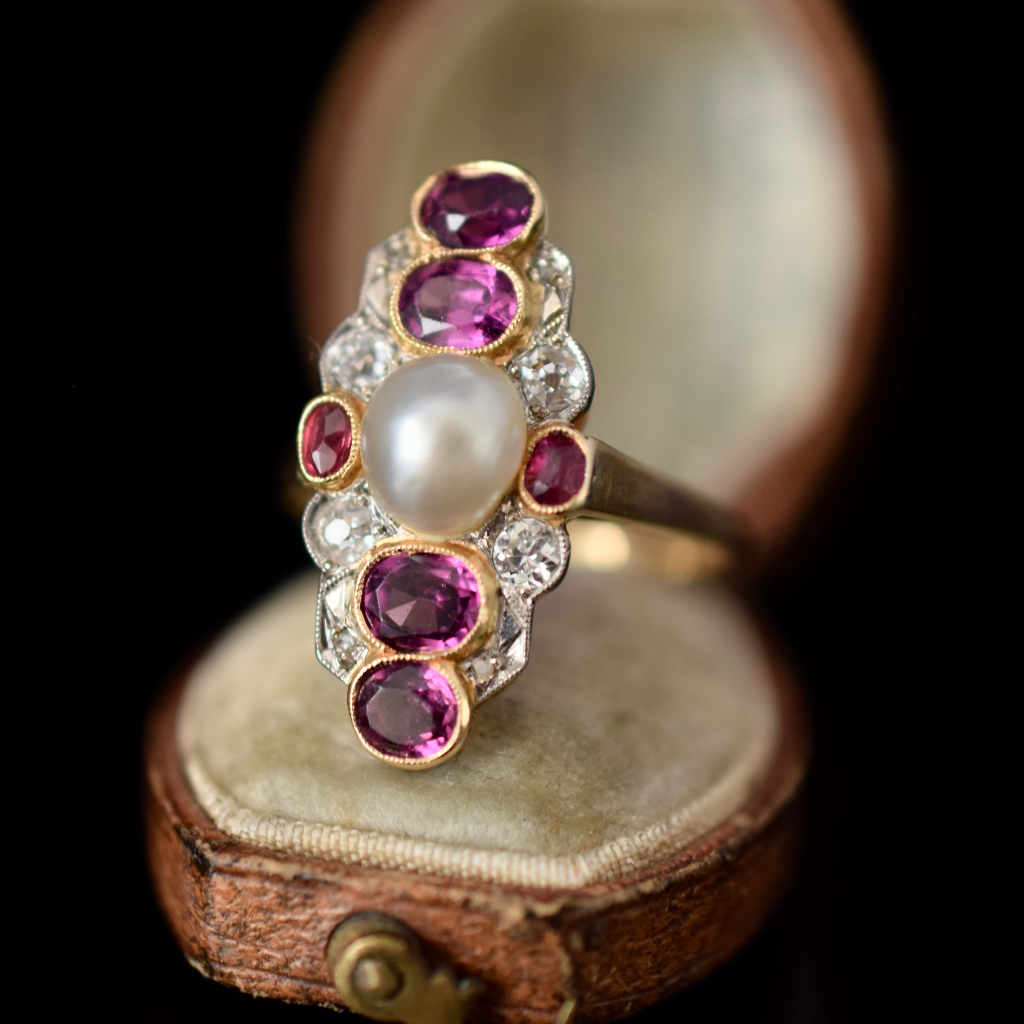 Antique 18ct Yellow Gold Belle Epoque Pearl, Diamond, Ruby, Amethyst Ring Circa 1900 Independent Valuation Included For $6500.00 AUD