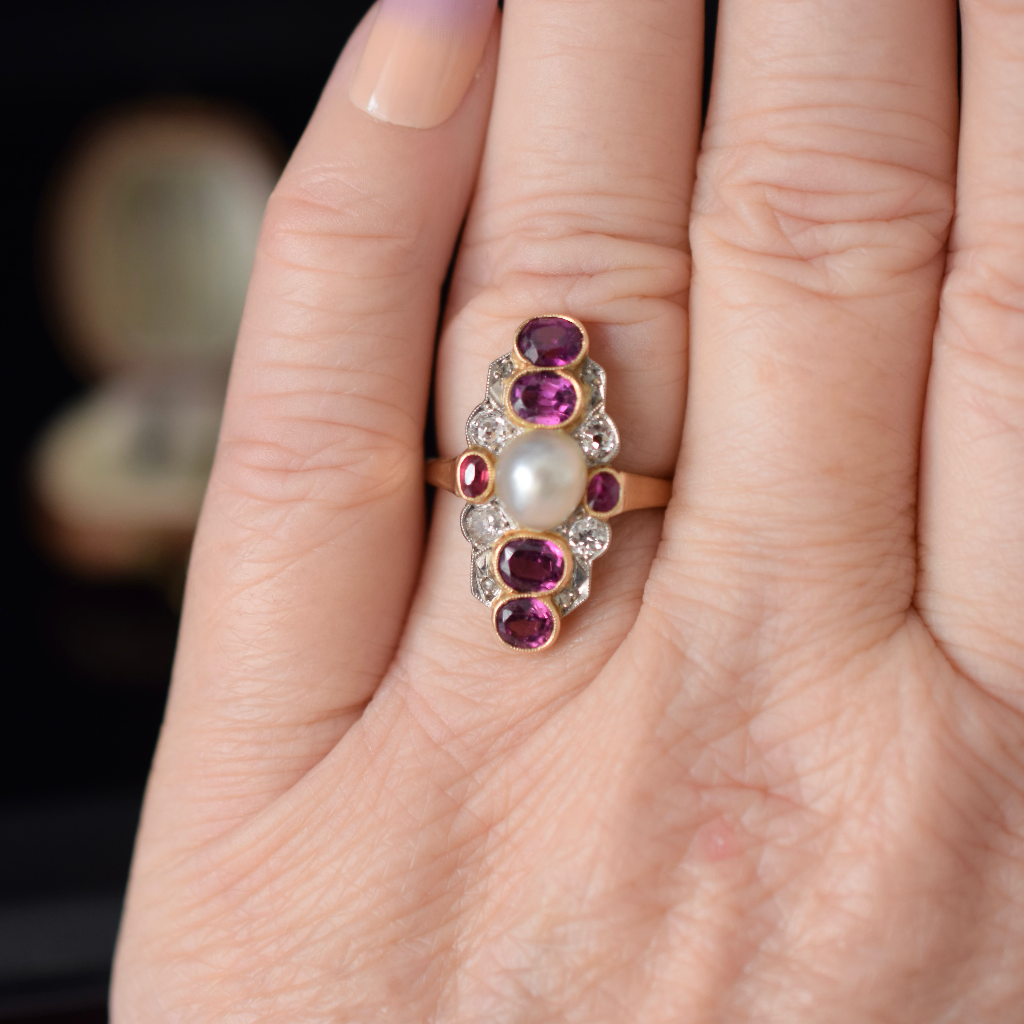 Antique 18ct Yellow Gold Belle Epoque Pearl, Diamond, Ruby, Amethyst Ring Circa 1900 Independent Valuation Included For $6500.00 AUD