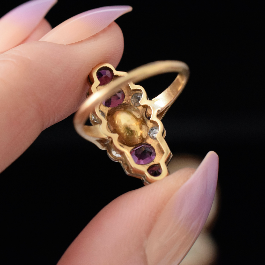 Antique 18ct Yellow Gold Belle Epoque Pearl, Diamond, Ruby, Amethyst Ring Circa 1900 Independent Valuation Included For $6500.00 AUD