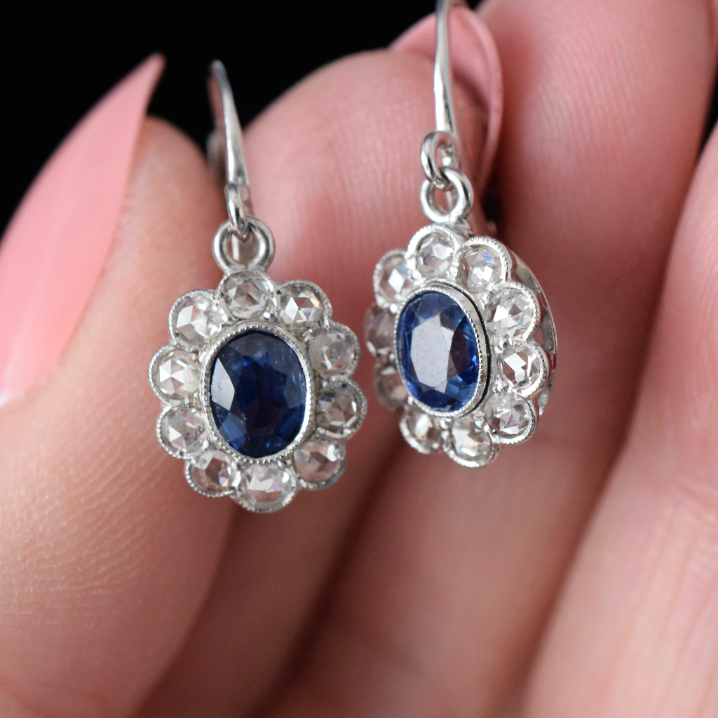 Modern 18ct White Gold Sapphire And Rose Cut Diamond Earrings Independent Valuation Included In Purchase For $5000 AUD