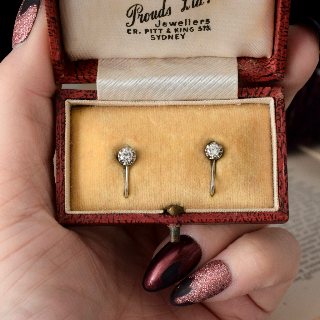 Vintage Early ‘Prouds’  Australian 18ct White Gold Diamond Screw Back Earrings