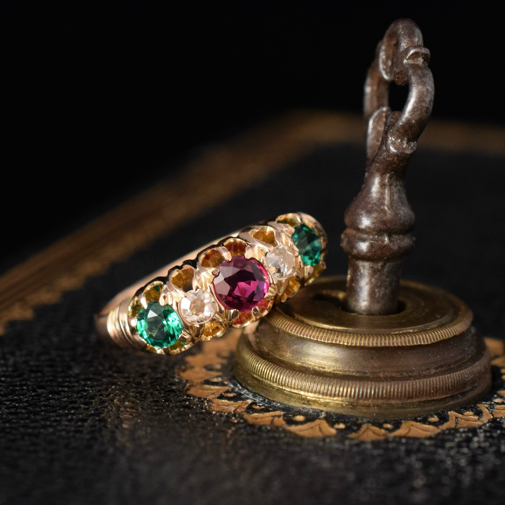 Antique 15ct Rose Gold Ruby, Diamond Emerald Ring Circa 1900