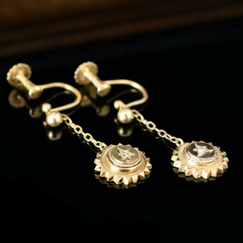 Antique 9ct Yellow Gold Diamond Screw Back Earrings Circa 1900