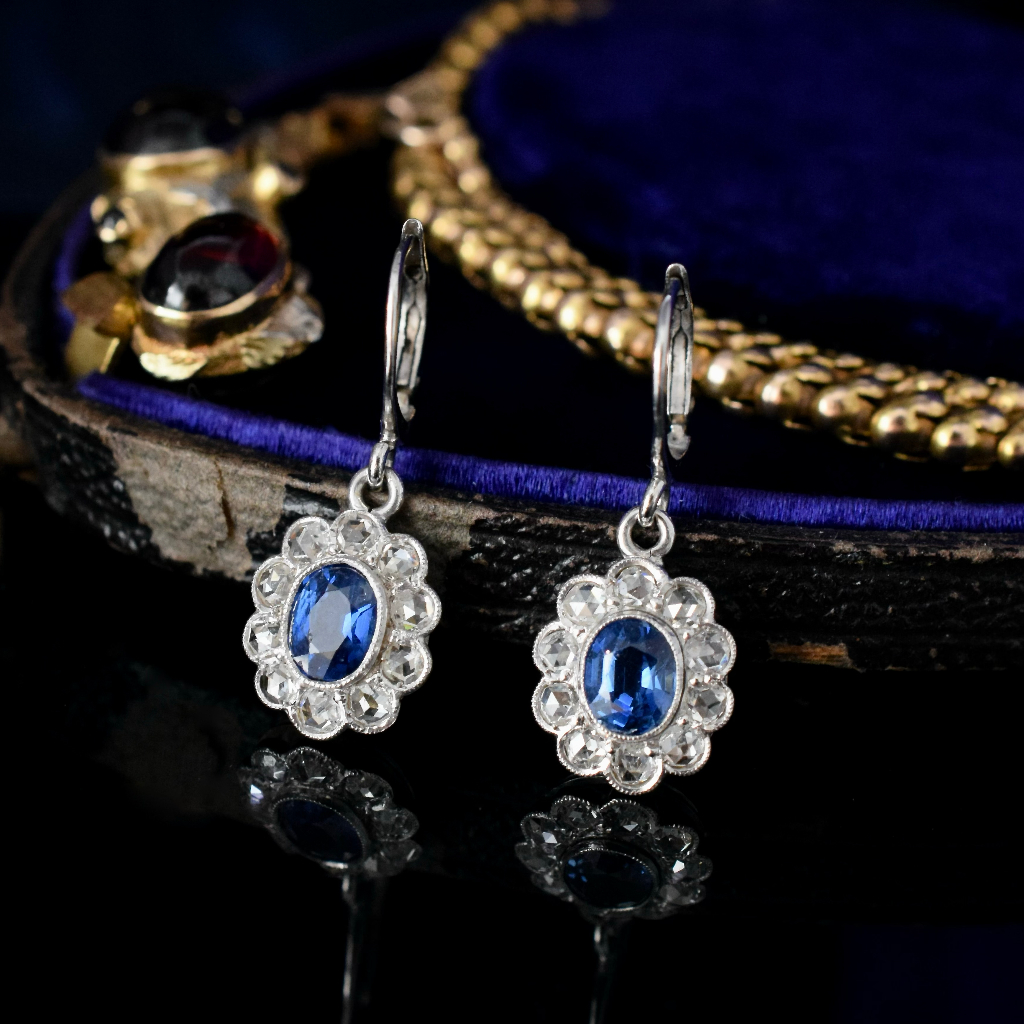 Modern 18ct White Gold Sapphire And Rose Cut Diamond Earrings Independent Valuation Included In Purchase For $5000 AUD
