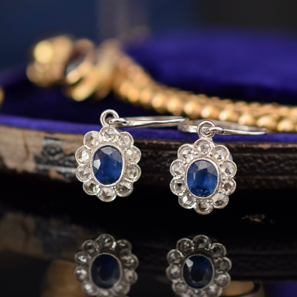 Modern 18ct White Gold Sapphire And Rose Cut Diamond Earrings Independent Valuation Included In Purchase For $5000 AUD