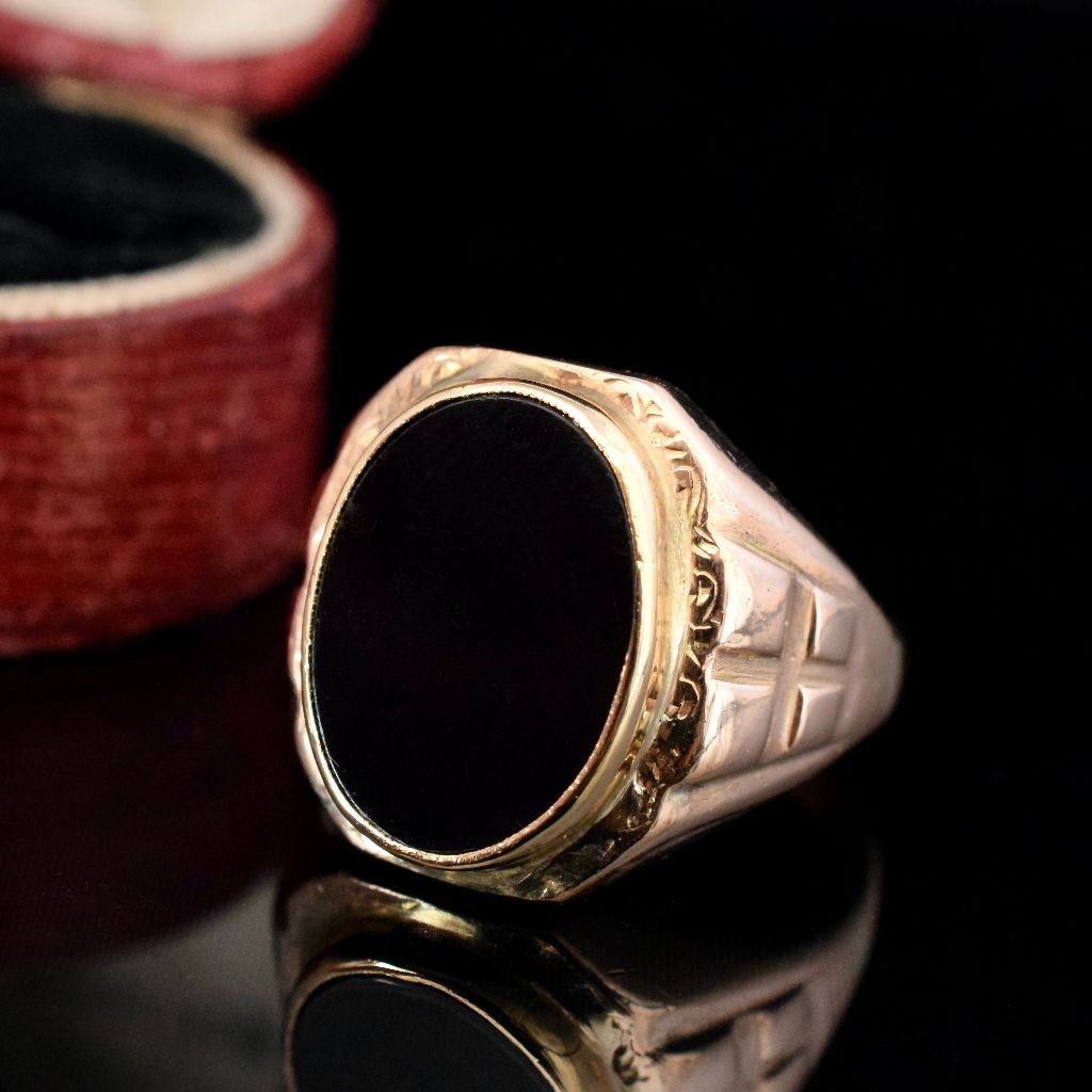Vintage Art Deco Style 9ct Rose Gold Onyx Signet Ring Circa 1940-50’s