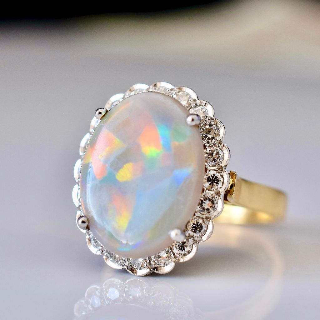Modern/Vintage 18ct Yellow Gold Solid Dark Opal And Diamond Halo Ring (Independent Valuation Included In Purchase $12,500)