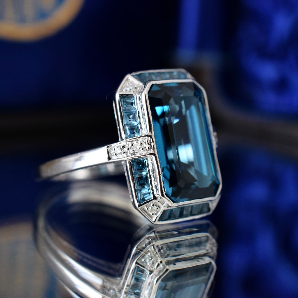 Modern 9ct White Gold Art Deco Style London Blue Topaz And Diamond Ring