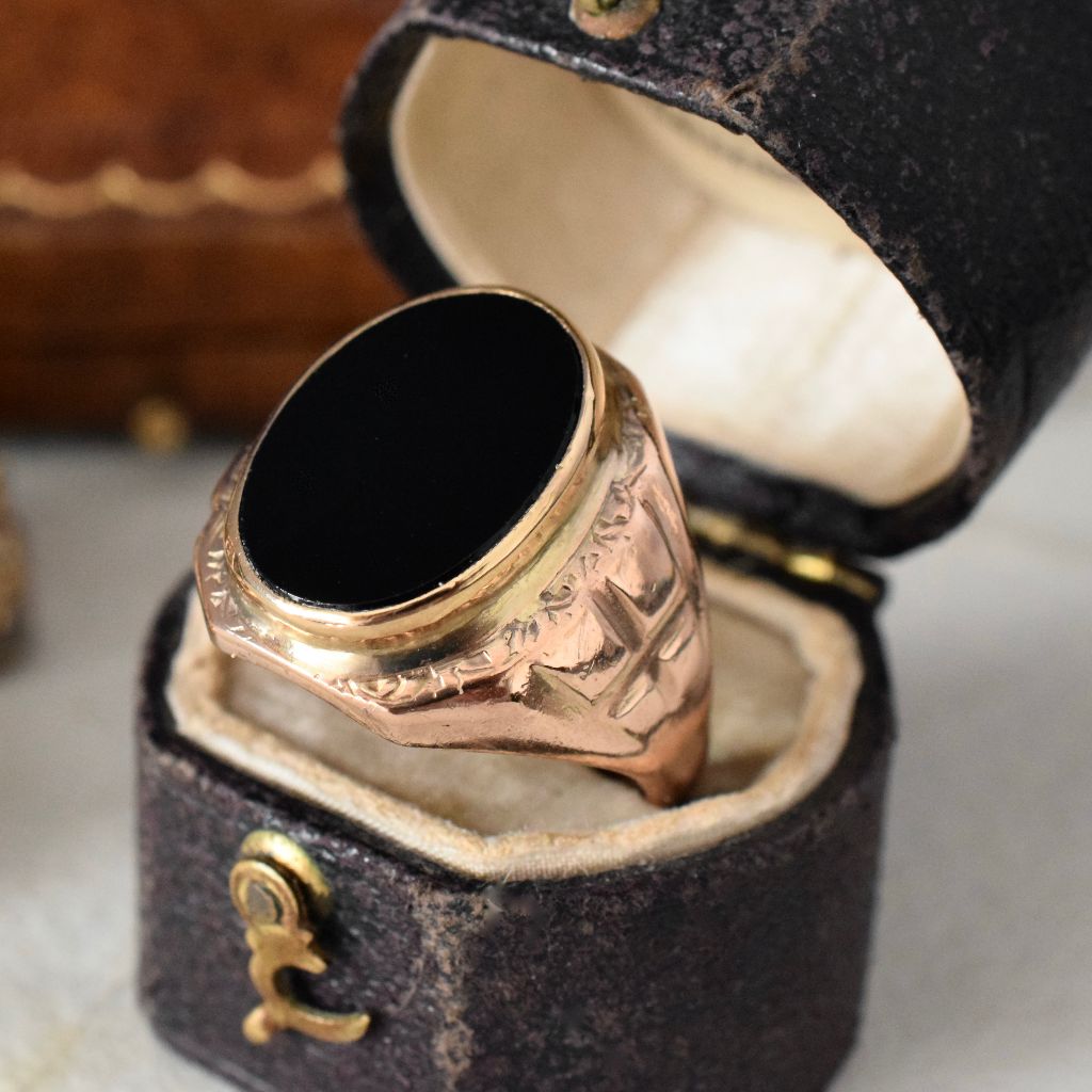 Vintage Art Deco Style 9ct Rose Gold Onyx Signet Ring Circa 1940-50’s