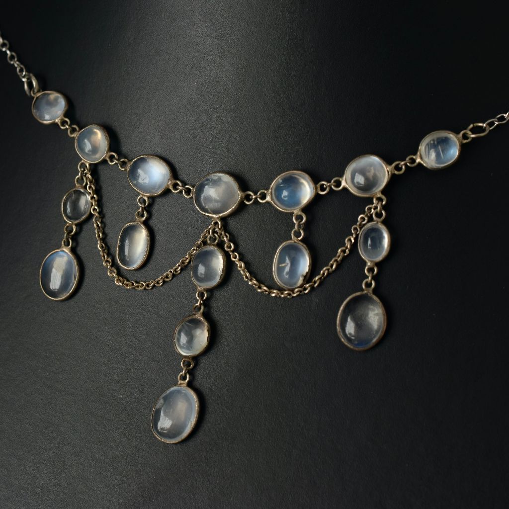 Antique Edwardian Silver And Moonstone Festoon Necklace