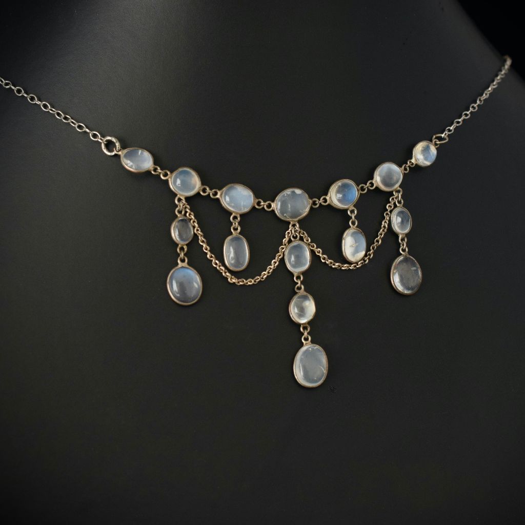 Antique Edwardian Silver And Moonstone Festoon Necklace