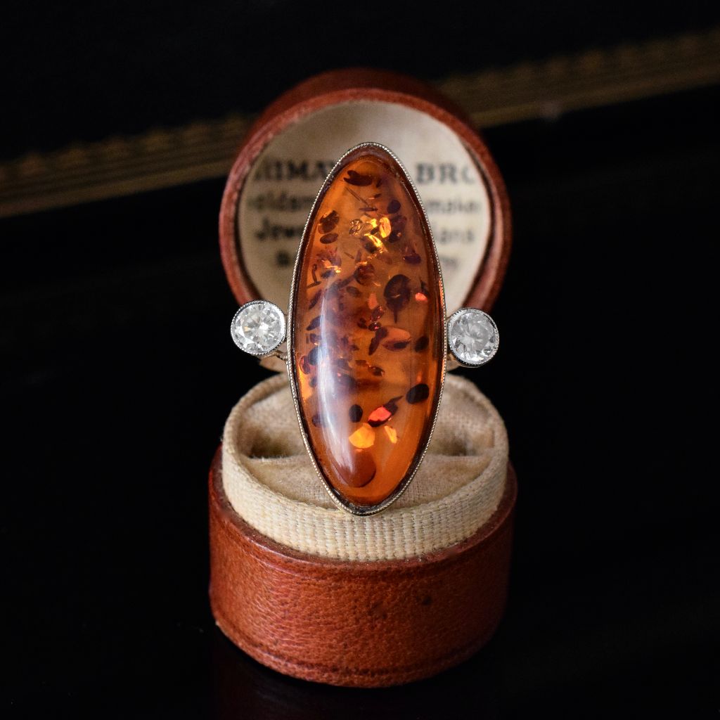 Modern 9ct Yellow Gold Amber And Diamond Ring