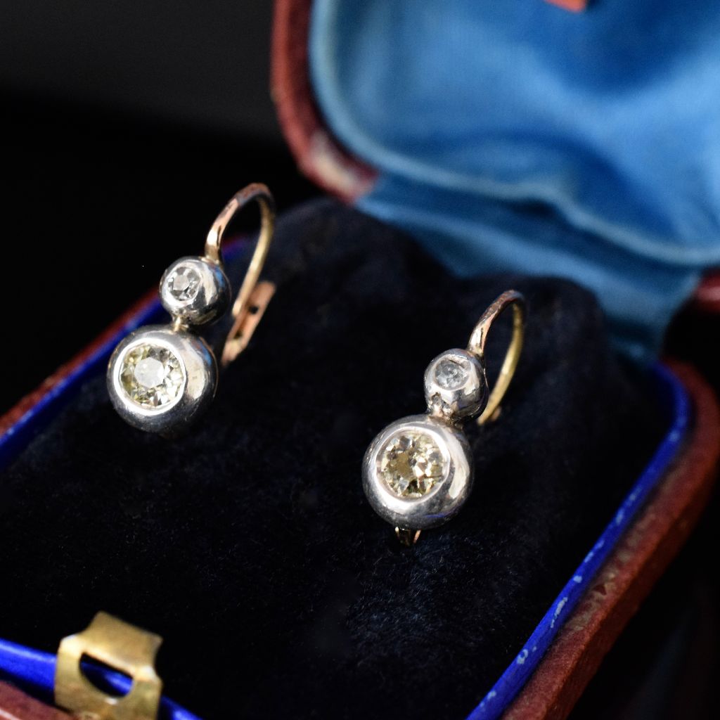 Antique Austro-Hungarian 14ct Yellow Gold / Silver Old Mine Cut Diamond Dormeuse Earrings Circa 1880